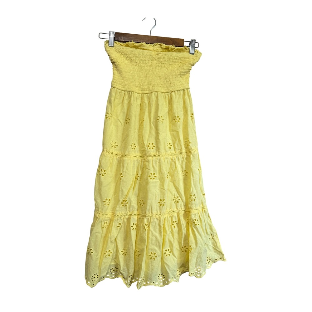 Jessica Simpson Eyelet Midi Dress Womens XS Yellow Excellent Smocked Tiered Boho